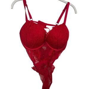 Victoria’s Secret Women's Red Lace Cutout Push Up Thong Bodysuit Size Large